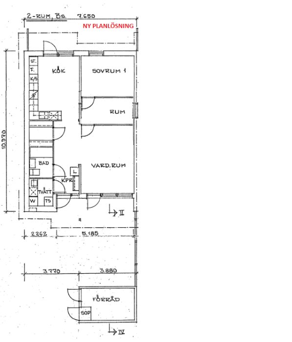 Ritning av en ny planlösning för ett radhus omvandlat till 3 rum och kök från 2 rum och kök.