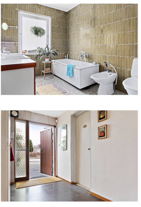 Övre bilden: Badrum med gul kakelvägg, vit badkar och handfat, och en växt i fönstret. Nedre bilden: Entré med dörr öppen utåt, skoställ och väggkrokar.