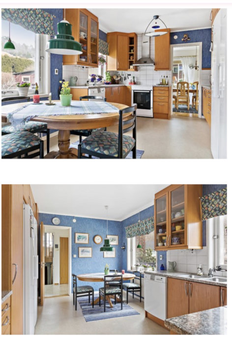 Renoverat kök med träskåp, vit kakel och blå tapeter, före och efter uppfräschning.