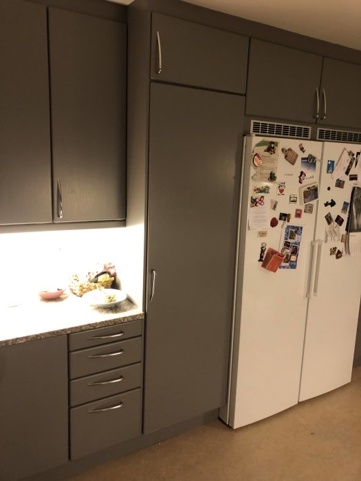 Uppdaterat kök med grå skåp, vita vitvaror och arbetsbänk med små inredningsdetaljer och kylskåp med magneter.