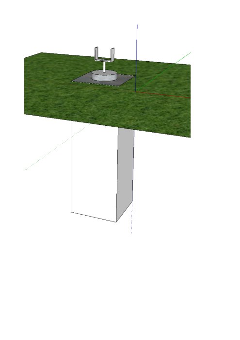 3D-modell av en stolpsko monterad i en betongplint med markytan synlig.