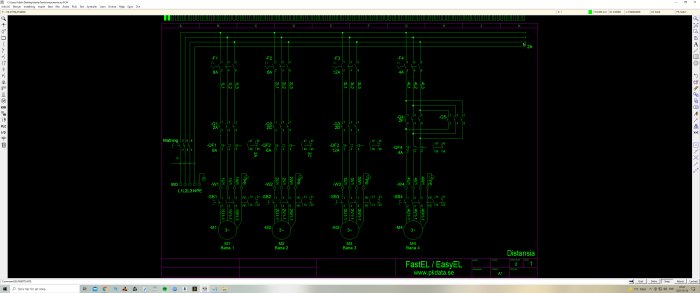 Elektriskt schema i CAD-program som visar huvudkretsar och manöverkretsar för fyra motorer, med M3 markerat i rött.