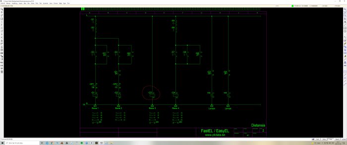 Elektriskt kretsschema i CAD-program med markerat område runt M3 för granskning.