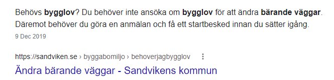 Skärmdump av ett diskussionsforum där en text diskuterar behovet av bygglov för att ändra bärande väggar.
