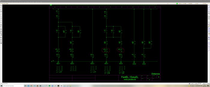 Skärmdump av ett elschema i CAD-program med märkningar och anslutningar.