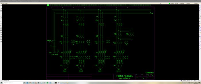 Elektriskt schemadiagram i CAD-program med ledningar och komponenter i grönt mot svart bakgrund.