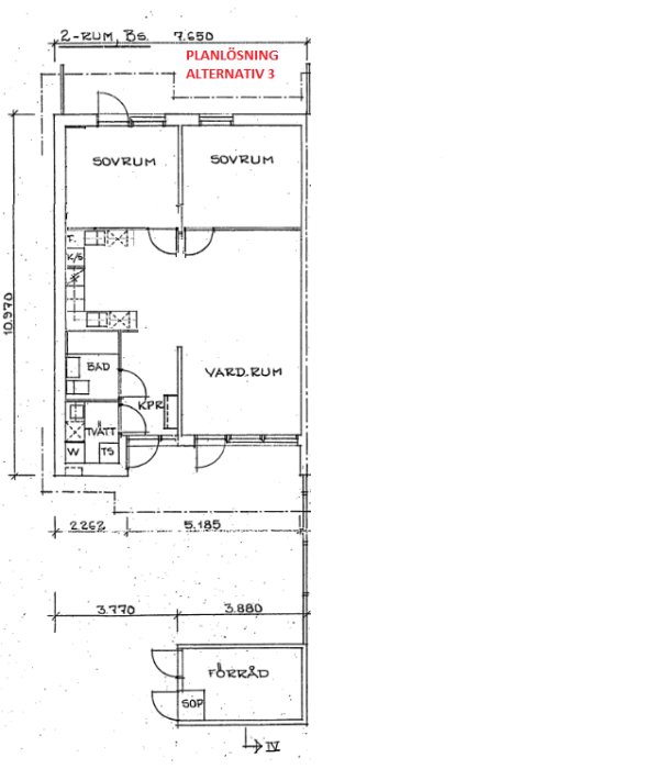 Ritning av en lägenhet med "Planlösning Alternativ 3" som visar två sovrum, vardagsrum, kök och badrum.
