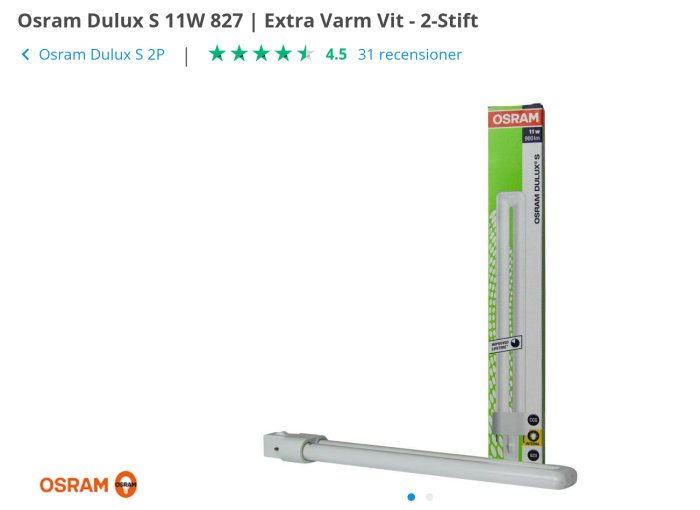 Osram Dulux S 11W energisparlampa i förpackning bredvid dess 2-stift armatur.