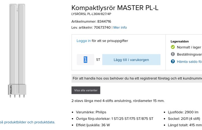 Kompaktlysrör Philips MASTER PL-L på en webshop, information om 36 W effekt och 4-stiftsanslutning visas.