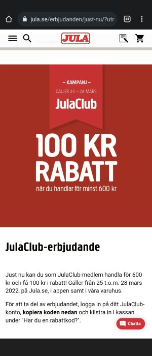 JulaClub-kampanjsida med erbjudandet 100 kr rabatt vid köp för minst 600 kr, giltigt 25-28 mars.