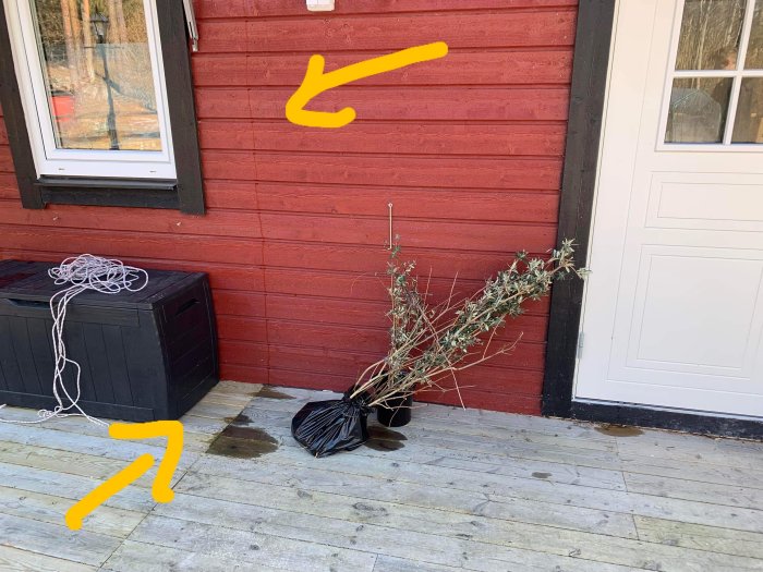 Vatten droppar från takstol och rinner längs fasaden på ett rött trähus, markerat med gula pilar.