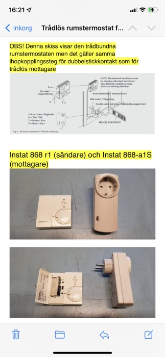 Installationsskiss och två enheter av trådlösa termostater, en sändare och en mottagare.