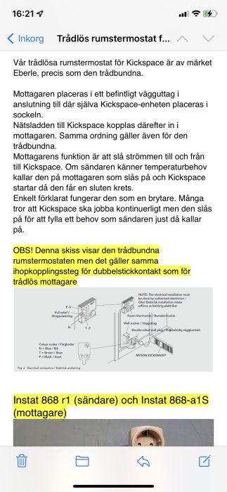 Skiss av trådbunden rumstermostat och installationsguiden för väggkontakt och KickSpace-enhet.