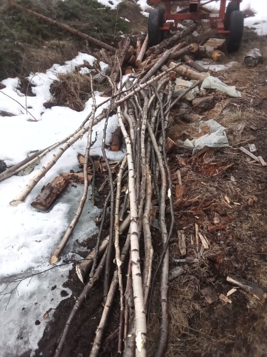 Björkved och sälggrenar staplade på snötäckt mark bredvid en kärra.