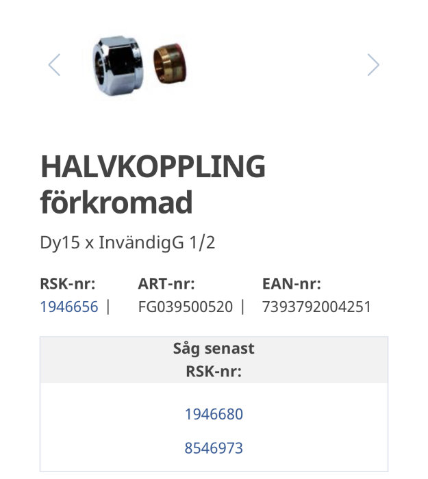 Halvkoppling förkromad inom VVS med produktdetaljer och artikelnummer.