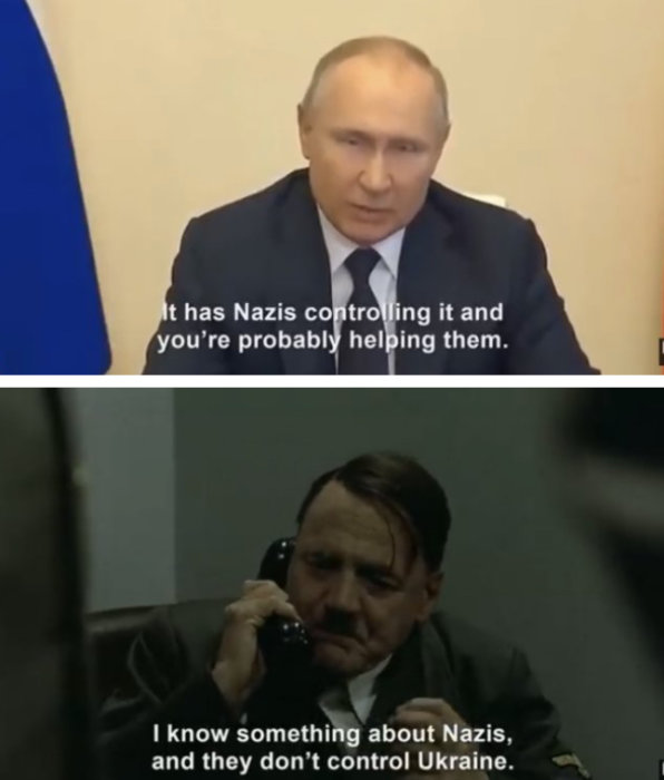 Skärmavbildning av en meme med två paneler, överst en man som talar med text, nedan en skådespelare i telefon med replik.