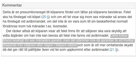 Skärmdump av en diskussionstrådskommentar med markerad text om presumerad fel på produkt vid köp.