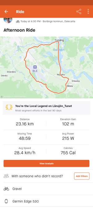 Skärmdump av cykelturdata med karta, distans, tid, snitthastighet, höjdvinst och kaloriförbrukning.