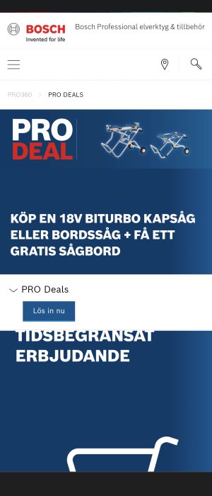 Reklam för Bosch kampanj med erbjudande om gratis sågbord vid köp av Biturbo kapsåg eller bordsåg.