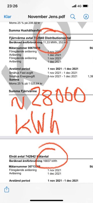 Elräkning med markerade avsnitt för fjärrvärme och elnät, visar förbrukning i MWh och kWh.