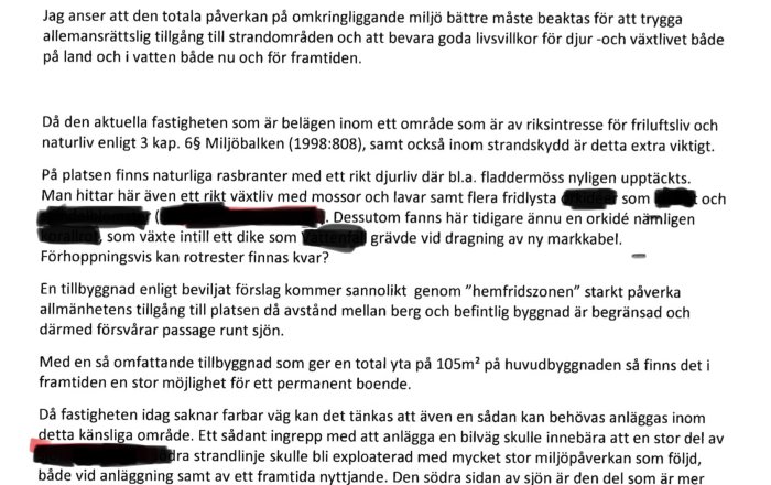 Dokument med text angående strandskydd och bygglovsprocess, med tillhörande överklagan markerad i svart.