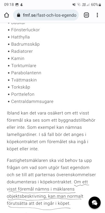 Skärmdump av en webbsida om jordabalken med text som diskuterar vad som ingår i fastighetsköp.