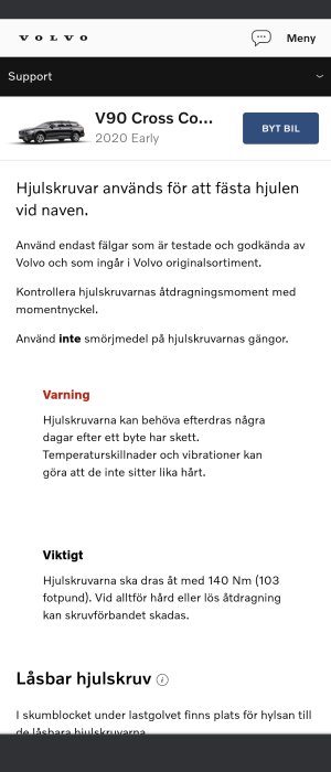 Skärmdump av en Volvo support-sida med instruktioner om åtdragningsmoment för hjulskruvar.