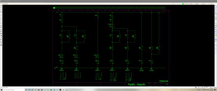 Skärmdump av elritning i CAD-program med märkta komponenter och kopplingsscheman.