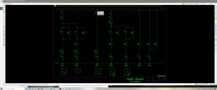 Skärmdump av ett elschema i CAD-program med beteckningar och ledningsvägar.