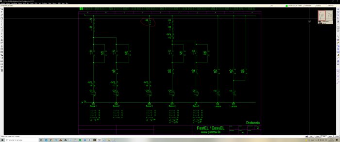 Skärmdump av ett elektriskt kopplingsschema markerat med M3 och frågetecken, i programvaran för eldesign.