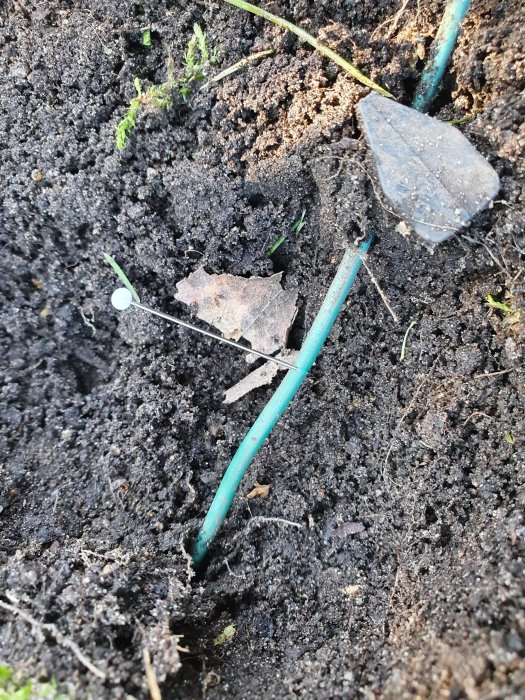 Skadad kabel i jord med testnål och tecken på korrosion.