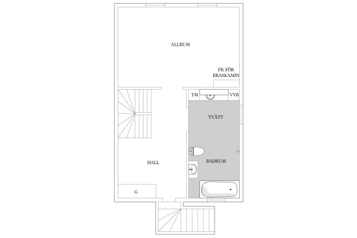 Planritning av en lägenhet med markerade utrymmen för allrum, badrum och tvättstuga, samt planerad köksdel.