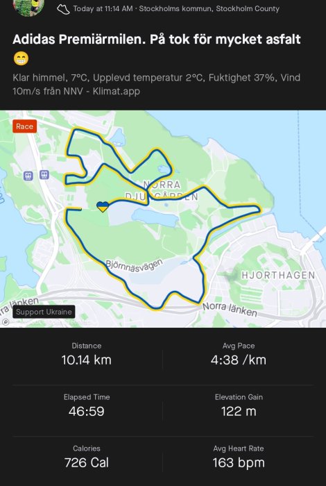 Bild på löpkartapp med sträcka och statistik för Adidas Premiärmilen.