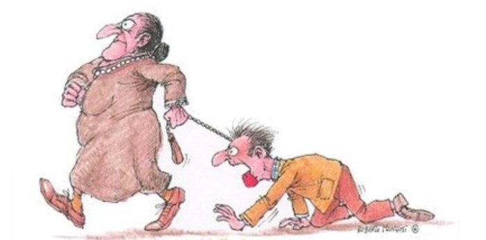 Karikatyr av en kvinna som går och drar en man på alla fyra med ett koppel.