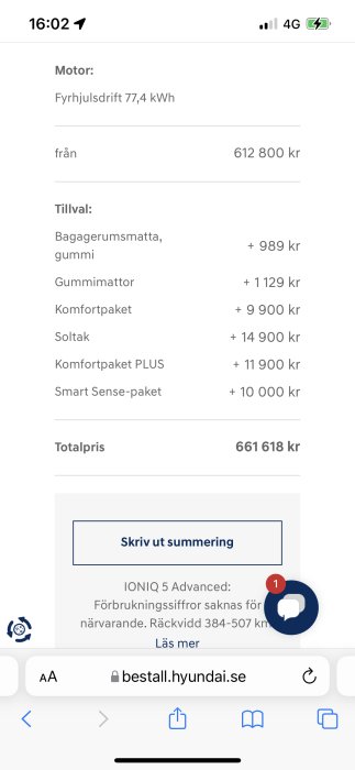 Skärmbild av en konfigurationsöversikt från Hyundai med totalpriset 661 618 kr för en bil med extrautrustning.