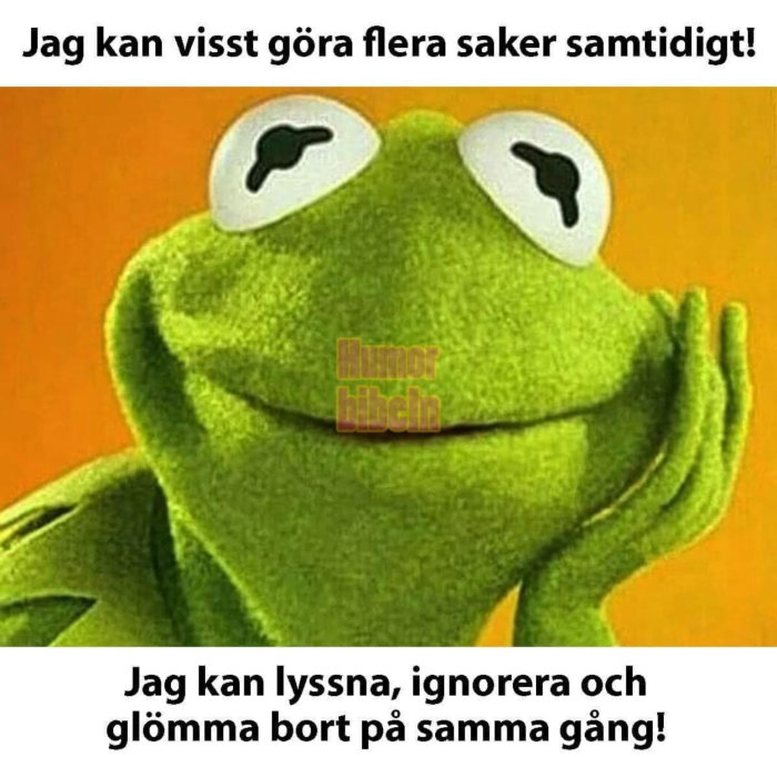 Grodan Kermit med en tankebubbla som säger "Jag kan visst göra flera saker samtidigt! Jag kan lyssna, ignorera och glömma bort på samma gång!