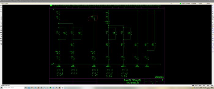 Elektriskt schema i CAD-program med temperaturvakt och givare inringade i rött.