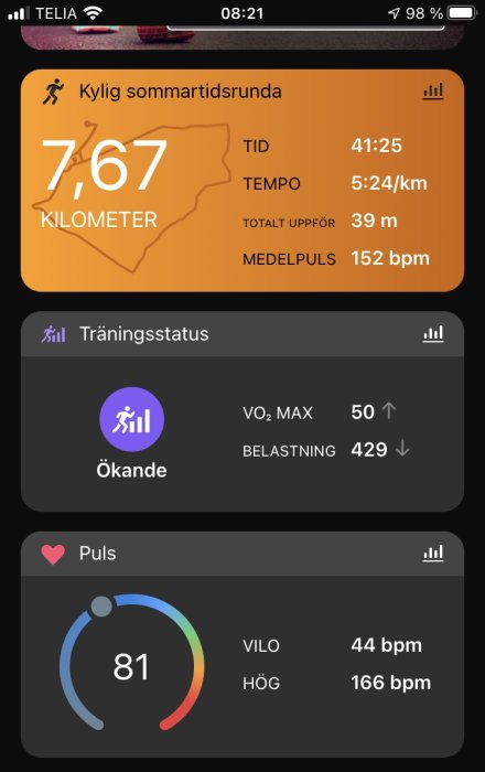 Skärmavbild av träningsapp som visar löpdistans, tid, tempo, puls och VO2 max.