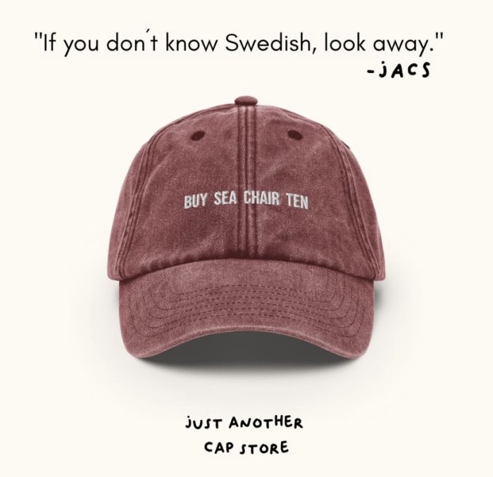 Brun keps med texten "BUY SEA CHAIR TEN" fram och slogan "If you don't know Swedish, look away." ovan och "-jacs" nedan.