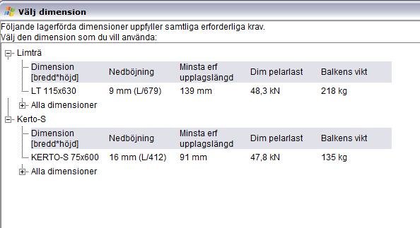 Valikko näyttää mittoja ja vaatimuksia limittäisille ja Kerto-S-palkkien vaihtoehdoille, kuten taipuma, minimi tukipituus ja palkin paino.