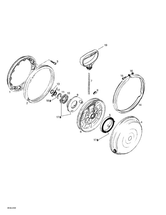 Exploded view diagram of a device with labelled parts ready for assembly or repair.