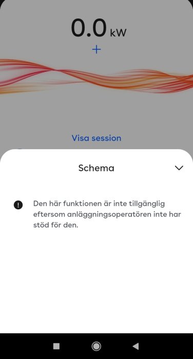 Skärmdump av Easee laddningsapp visar 0.0 kW laddning och ett felmeddelande om att schemafunktionen inte stöds.