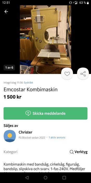 Begagnad "Emcostar" kombimaskin med bandsåg och arbetsbord till salu för 1500 kr i en verkstadsmiljö.