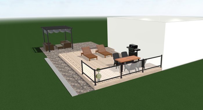 3D-visualisering av trädäck med pergola, uteplatsmöbler och grill bredvid vit husvägg.