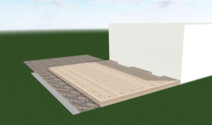 3D-modell av ett trädäck bredvid hus med markstensgång, planerad för en verklig trädgårdsrenovering.