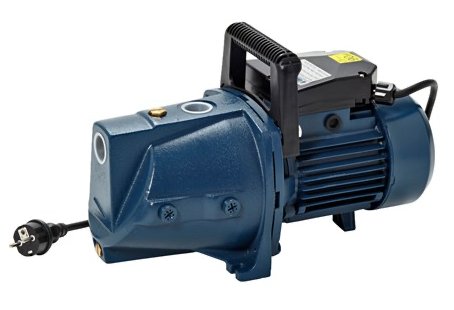 Trädgårdspump av blå färg med sladd och på/av-knapp, avsedd för vattenpumpning.