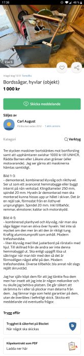 Begagnade snickerimaskiner: bordssågar och hyvlar till salu i ett garage.