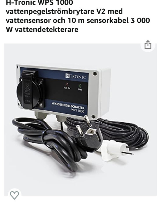 H-Tronic WPS 1000 vattenpegelströmbrytare och sensor med kabel och elkontakt.