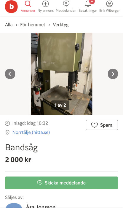 Begagnad bandsåg av märket Luna BSV-260 i ett verkstadsrum, med arbetsbord och verktygshyllor i bakgrunden.