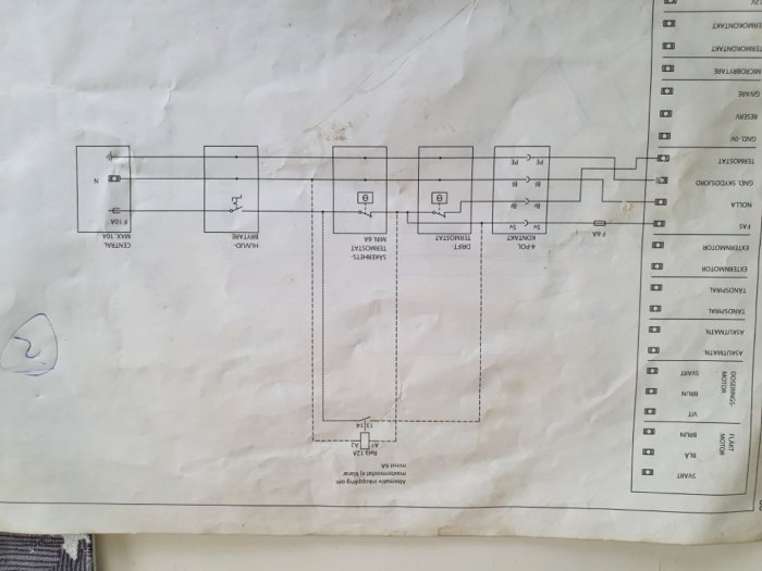 Elektriskt schema på papper som visar kabelanslutningar, använd för att koppla in termostat.